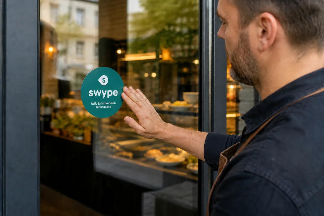 Ravintoloitsija painaa Swype-tarran ravintolan ikkunaan