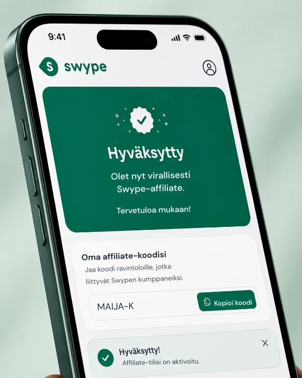 Puhelimen ruudulla Swypen ilmoitus hyväksytystä affiliate-tilistä ja oma affiliate-koodi