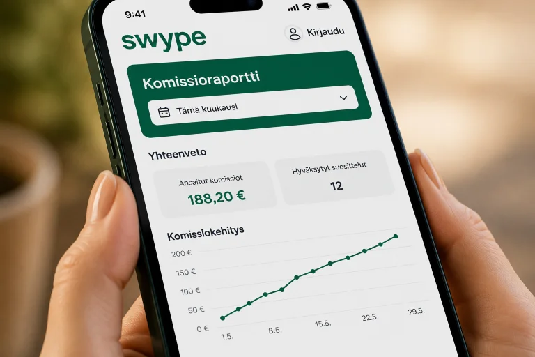 Swypen komissioraportti puhelimessa: kuukauden komissiot ja kasvava kehityskäyrä